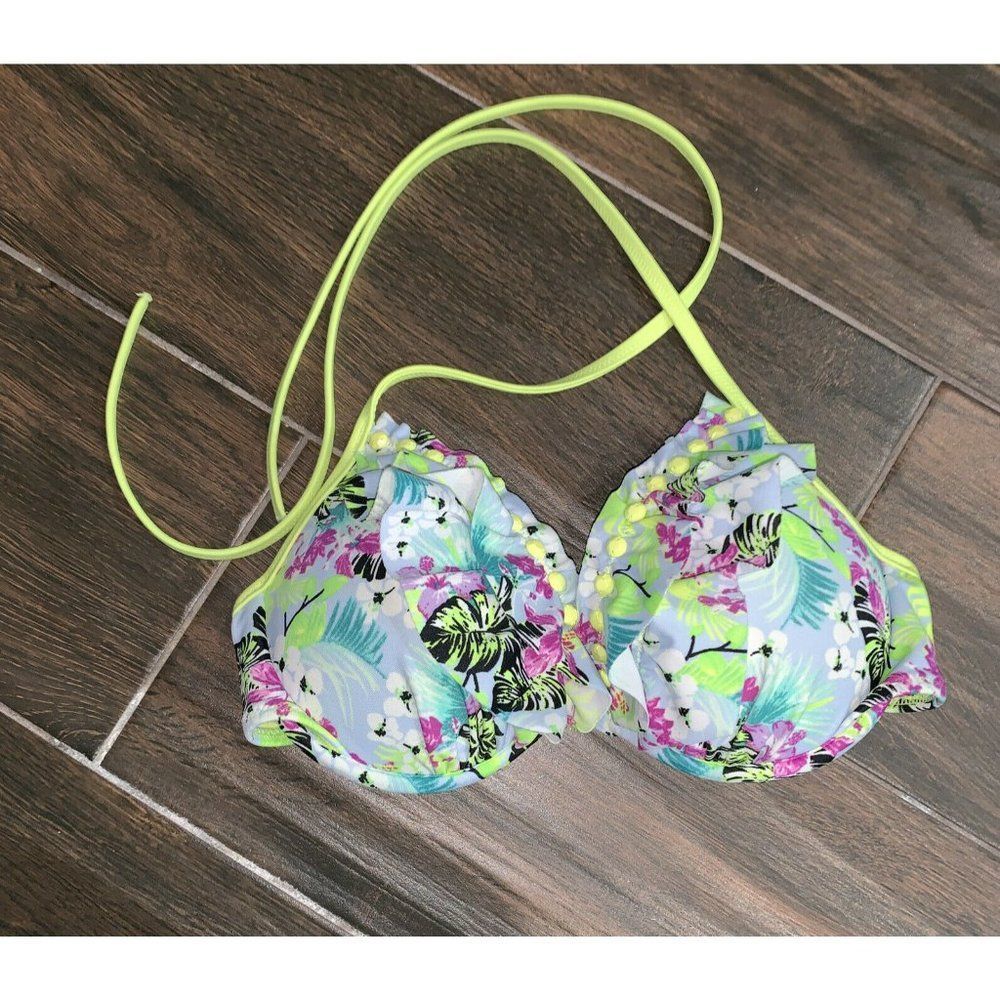 Victoria's Secret 32B‎ Padded Swimsuit Top Bikini Swim Top Green Floral u17